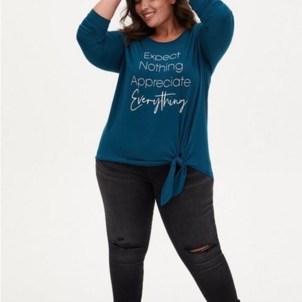 Women’s torrid 2 Super Soft Appreciate Teal Tie-Front Long Sleeve Tee XXL 18 20